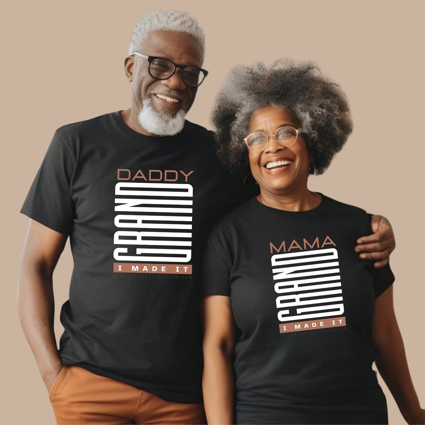 Black t-shirt featuring the words “GRAND DADDY I MADE IT” GRAND is vertically stacked in bold white text while daddy sits on top in brown lettering.  "I Made It" is enclosed in brown bar beneath. Modeled by a joyful older Black couple, the design celebrates intergenerational love, gratitude, and the legacy of elders who paved the way.